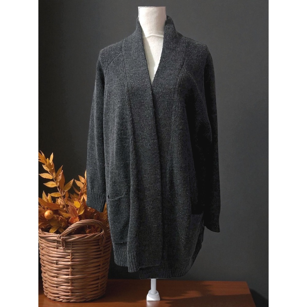 J.Jill‎ Cozy Charcoal Gray Wool Blend Open Front Knit Cardigan Sweater XL